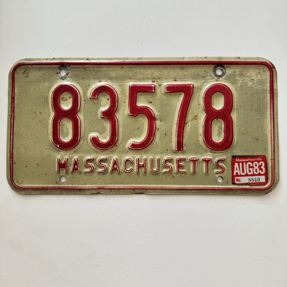Vintage 83 MASS 70s 80s White Red Massachusetts License Plate 83578 Auto‎ Tag